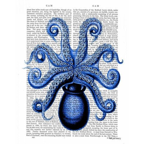 Vintage Blue Octopus 1 Underside Black Modern Wood Framed Art Print with Double Matting by Fab Funky