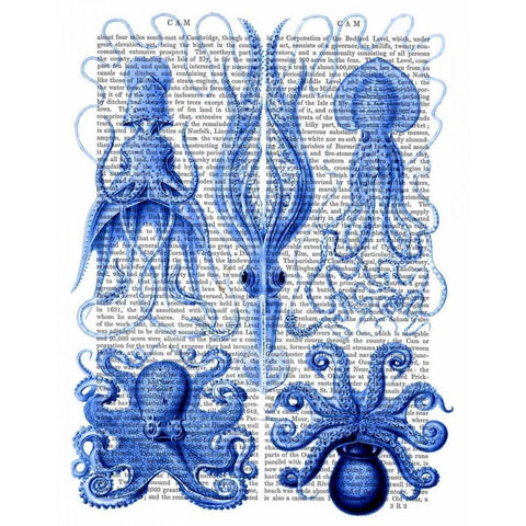 Octopus and Squid Blue White Modern Wood Framed Art Print by Fab Funky