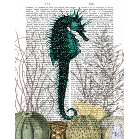 SeaHorse and Sea Urchins Black Modern Wood Framed Art Print with Double Matting by Fab Funky