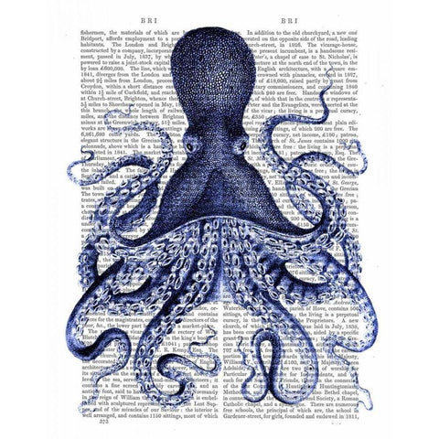 Blue Octopus 3 White Modern Wood Framed Art Print by Fab Funky