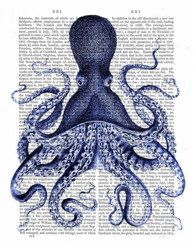 Blue Octopus 3 White Modern Wood Framed Art Print with Double Matting by Fab Funky