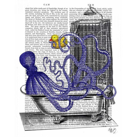 Octopus in Bath Black Modern Wood Framed Art Print with Double Matting by Fab Funky