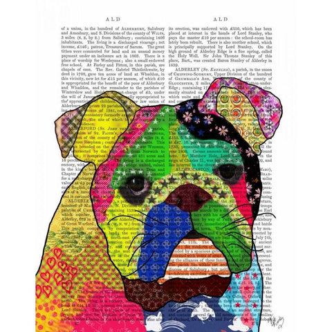 Patchwork Bulldog Gold Ornate Wood Framed Art Print with Double Matting by Fab Funky