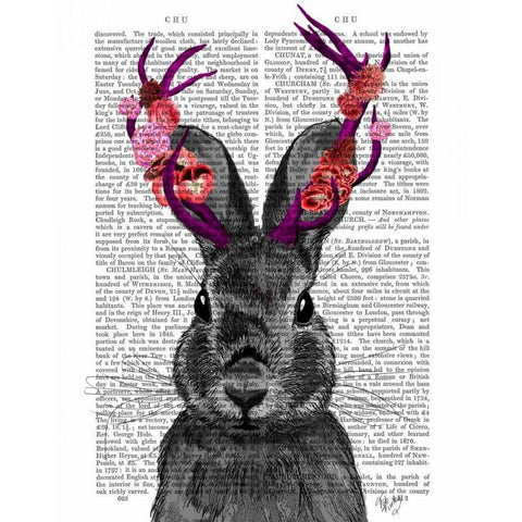 Jackalope with Pink Antlers Gold Ornate Wood Framed Art Print with Double Matting by Fab Funky