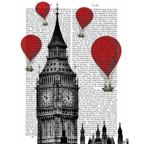 Big Ben and Red Hot Air Balloons Gold Ornate Wood Framed Art Print with Double Matting by Fab Funky