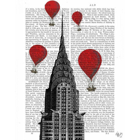 Chrysler Building and Red Hot Air Balloons White Modern Wood Framed Art Print by Fab Funky