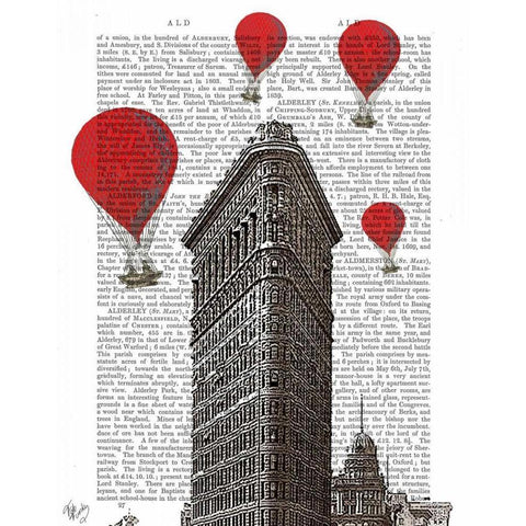 Flat Iron Building and Red Hot Air Balloons Gold Ornate Wood Framed Art Print with Double Matting by Fab Funky