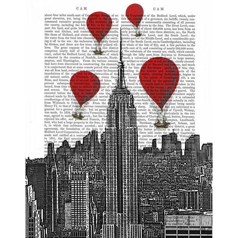 Empire State Building and Red Hot Air Balloons Black Modern Wood Framed Art Print with Double Matting by Fab Funky