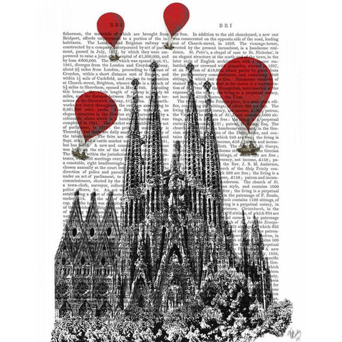 Sagrada Familia and Red Hot Air Balloons White Modern Wood Framed Art Print by Fab Funky