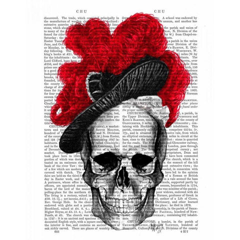 Skull with Red Hat Black Modern Wood Framed Art Print with Double Matting by Fab Funky