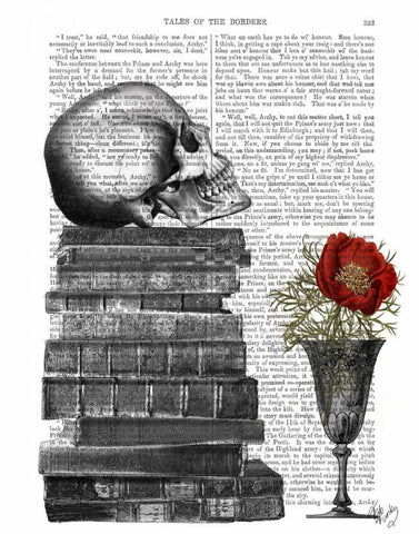 Skull And Books Black Ornate Wood Framed Art Print with Double Matting by Fab Funky