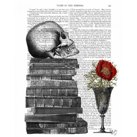 Skull And Books White Modern Wood Framed Art Print by Fab Funky