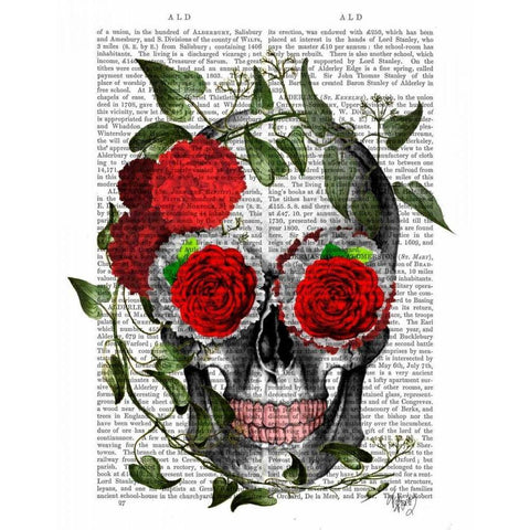 Skull With Roses And Vines White Modern Wood Framed Art Print by Fab Funky