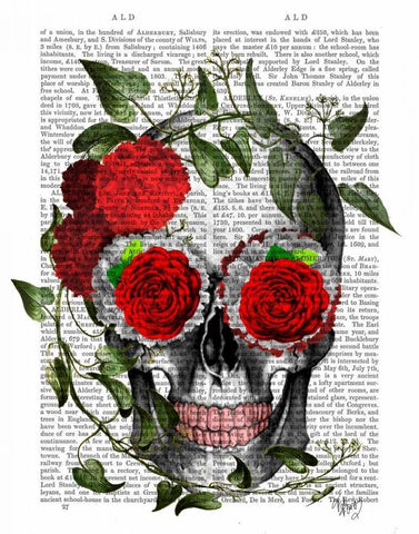 Skull With Roses And Vines White Modern Wood Framed Art Print with Double Matting by Fab Funky