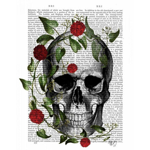 Skull Vines and Flowers Gold Ornate Wood Framed Art Print with Double Matting by Fab Funky