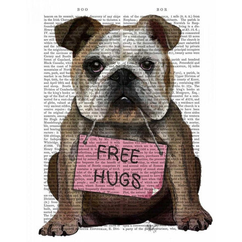 Bulldog Free Hugs White Modern Wood Framed Art Print by Fab Funky