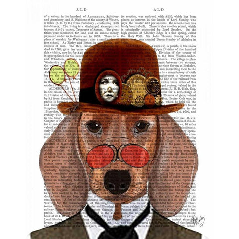 Dachshund with Steampunk Bowler Hat White Modern Wood Framed Art Print by Fab Funky