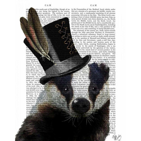 Steampunk Badger in Top Hat Black Modern Wood Framed Art Print with Double Matting by Fab Funky