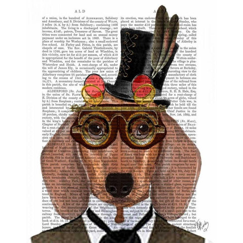 Dachshund with Top Hat and Goggles Gold Ornate Wood Framed Art Print with Double Matting by Fab Funky