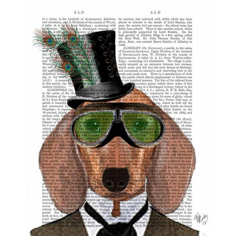 Dachshund Green Goggles Top Hat Gold Ornate Wood Framed Art Print with Double Matting by Fab Funky