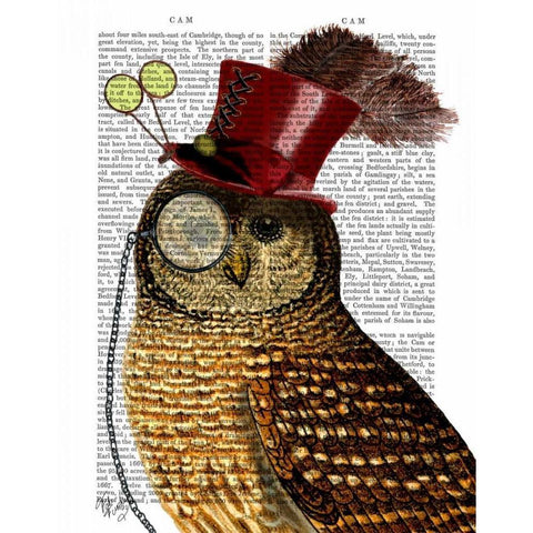 Owl With Top Hat Gold Ornate Wood Framed Art Print with Double Matting by Fab Funky