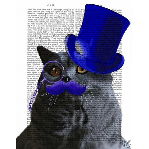 Grey Cat With Blue Top Hat and Blue Moustache White Modern Wood Framed Art Print by Fab Funky