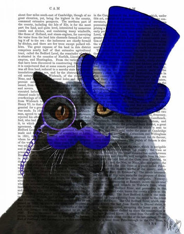 Grey Cat With Blue Top Hat and Blue Moustache Black Ornate Wood Framed Art Print with Double Matting by Fab Funky