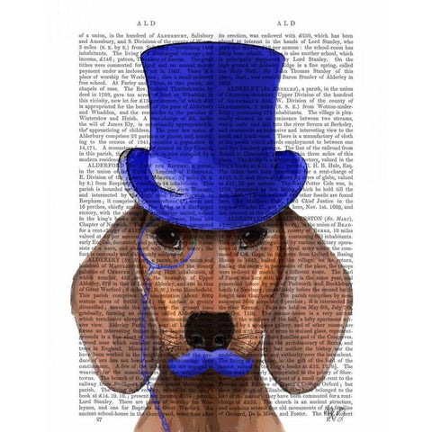 Dachshund With Blue Top Hat and Blue Moustache White Modern Wood Framed Art Print by Fab Funky