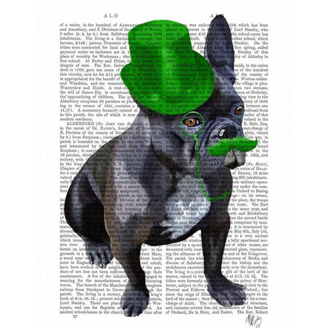 French Bulldog With Green Top Hat and Moustache Black Modern Wood Framed Art Print with Double Matting by Fab Funky