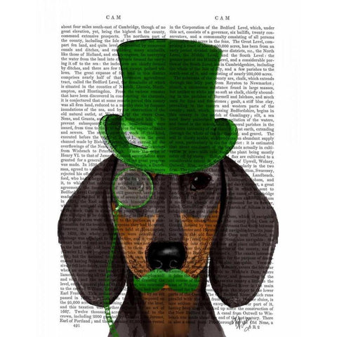 Dachshund with Green Top Hat Black Tan Gold Ornate Wood Framed Art Print with Double Matting by Fab Funky