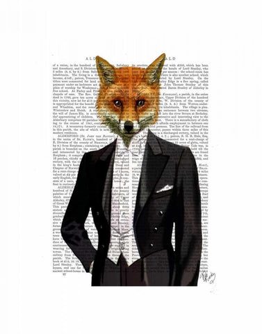 Fox In Evening Suit Portrait Black Ornate Wood Framed Art Print with Double Matting by Fab Funky