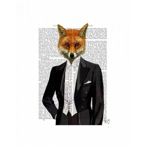 Fox In Evening Suit Portrait Gold Ornate Wood Framed Art Print with Double Matting by Fab Funky