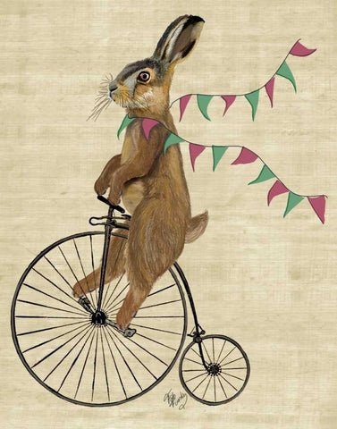 Rabbit On Penny Farthing Black Ornate Wood Framed Art Print with Double Matting by Fab Funky