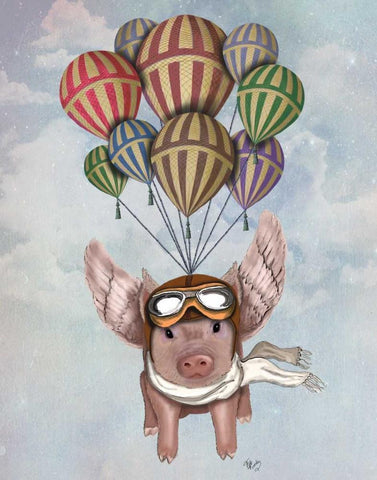 Pig And Balloons White Modern Wood Framed Art Print with Double Matting by Fab Funky