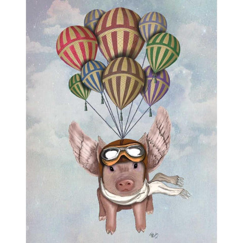 Pig And Balloons Gold Ornate Wood Framed Art Print with Double Matting by Fab Funky