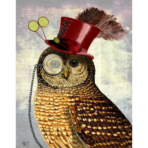 Owl With Top Hat Gold Ornate Wood Framed Art Print with Double Matting by Fab Funky