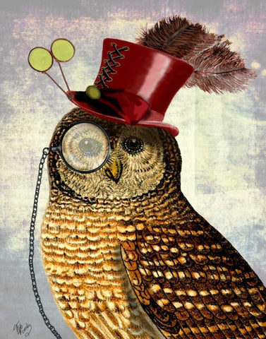 Owl With Top Hat White Modern Wood Framed Art Print with Double Matting by Fab Funky