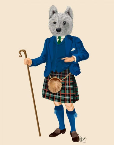 West Highland Terrier in Kilt White Modern Wood Framed Art Print with Double Matting by Fab Funky