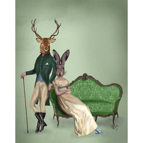 Mr Deer and Mrs Rabbit Gold Ornate Wood Framed Art Print with Double Matting by Fab Funky