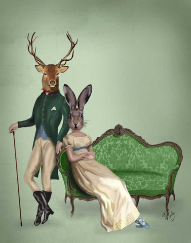 Mr Deer and Mrs Rabbit Black Ornate Wood Framed Art Print with Double Matting by Fab Funky