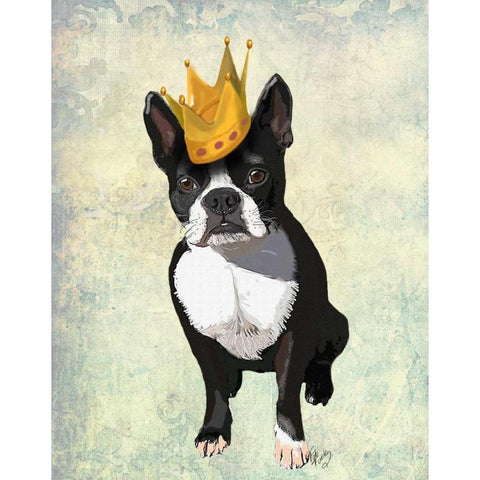 Boston Terrier and Crown White Modern Wood Framed Art Print by Fab Funky