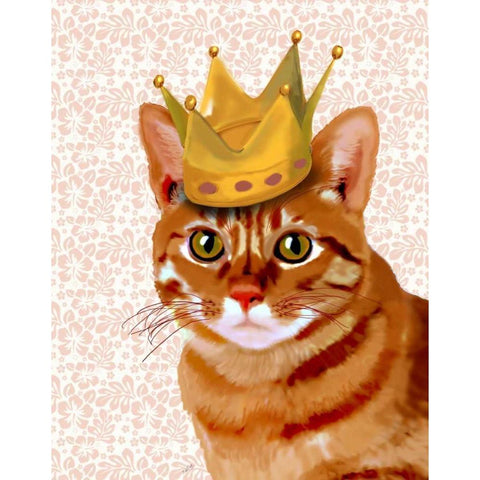 Ginger Cat with Crown Portrait White Modern Wood Framed Art Print by Fab Funky