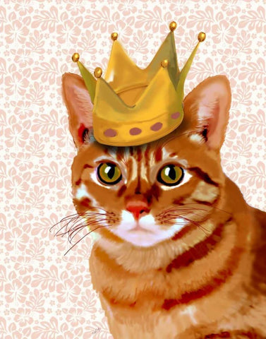 Ginger Cat with Crown Portrait White Modern Wood Framed Art Print with Double Matting by Fab Funky