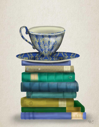 Teacup and Books White Modern Wood Framed Art Print with Double Matting by Fab Funky