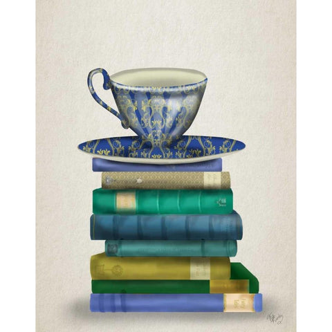 Teacup and Books White Modern Wood Framed Art Print by Fab Funky