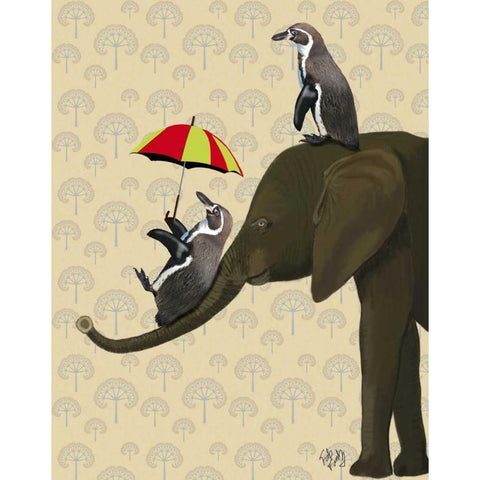 Elephant and Penguins White Modern Wood Framed Art Print by Fab Funky