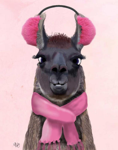 Chilly Llama Pink Black Ornate Wood Framed Art Print with Double Matting by Fab Funky