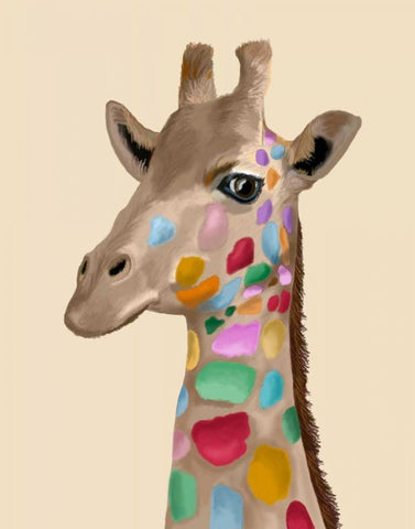 MultiColoured Giraffe White Modern Wood Framed Art Print with Double Matting by Fab Funky