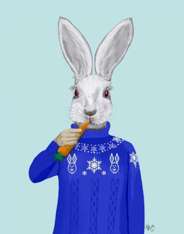 Rabbit In Sweater White Modern Wood Framed Art Print with Double Matting by Fab Funky