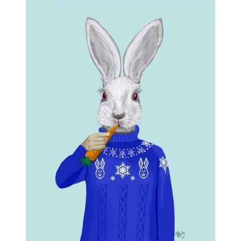 Rabbit In Sweater White Modern Wood Framed Art Print by Fab Funky